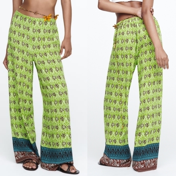 New Zara Full Length Printed High Waist Wide Leg Boho Green Pants NWT - Picture 3 of 13